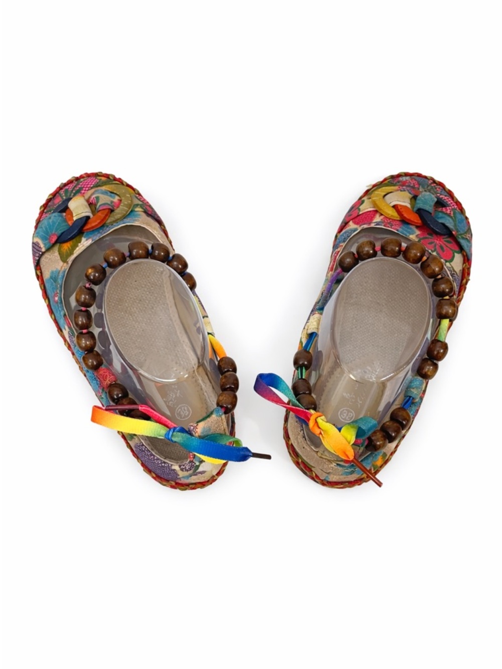 Colorful Floral Espadrille Sandals with Beaded Ankle Tie - Picture 5 of 6